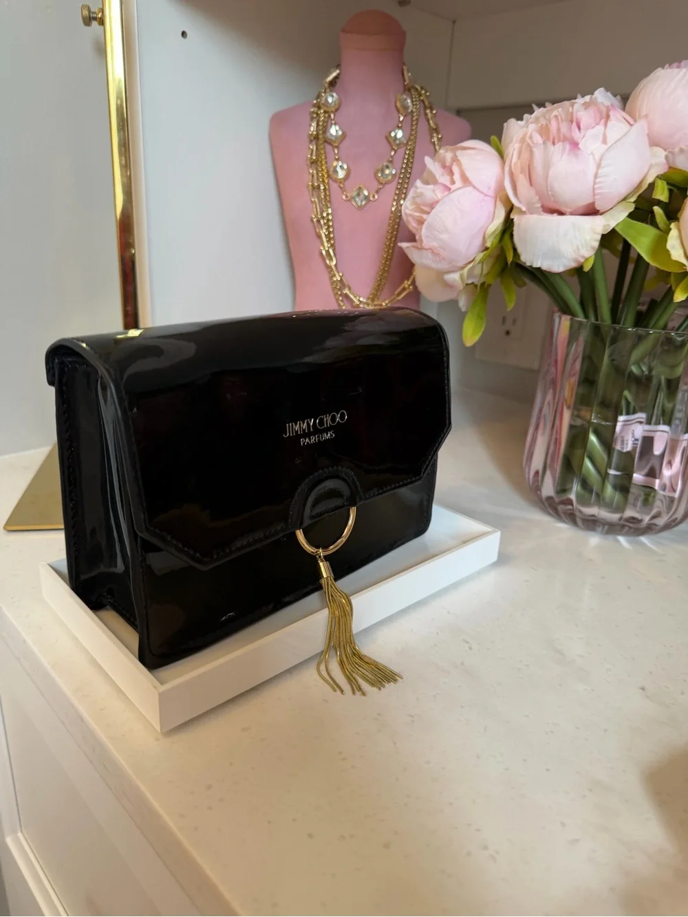 Jimmy Choo Parfums Black Patent Leather Clutch with Gold Tassel Ring Dust Bag